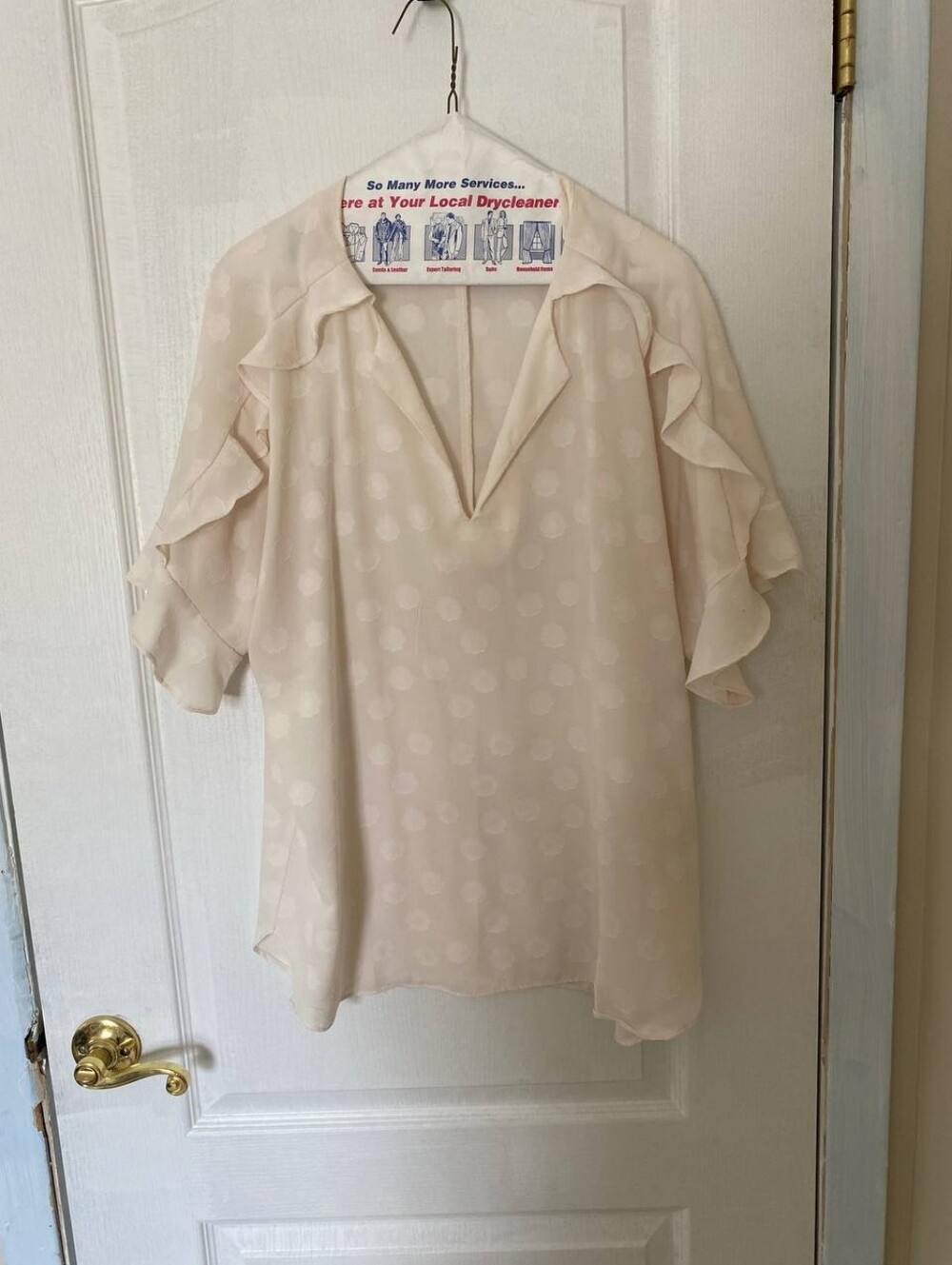 Banana Republic White Polka Dot Short Sleeve V Neck Blouse with Ruffles Size L